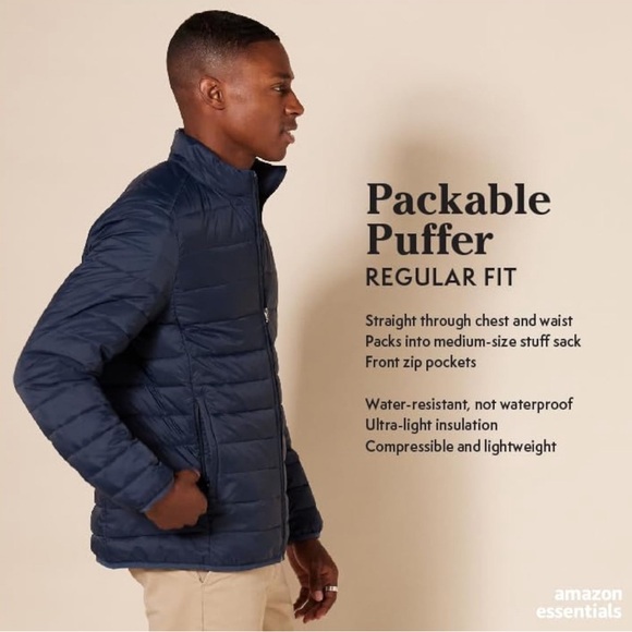 Amazon Essentials NWOT Men's Packable Lightweight Water-Resistant Puffer Jacket - Picture 3 of 16